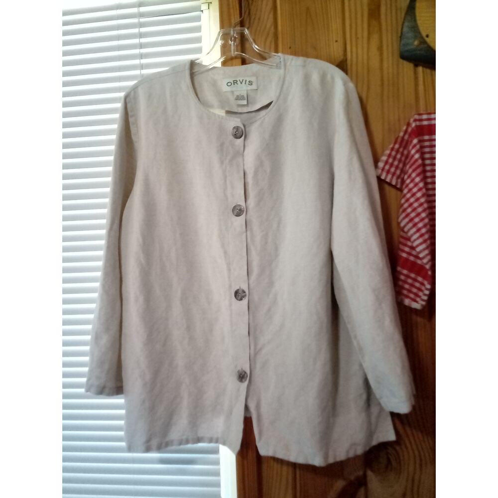 Orvis Beige Linen Rayon 3/4 Sleeve L Button Up Shirt